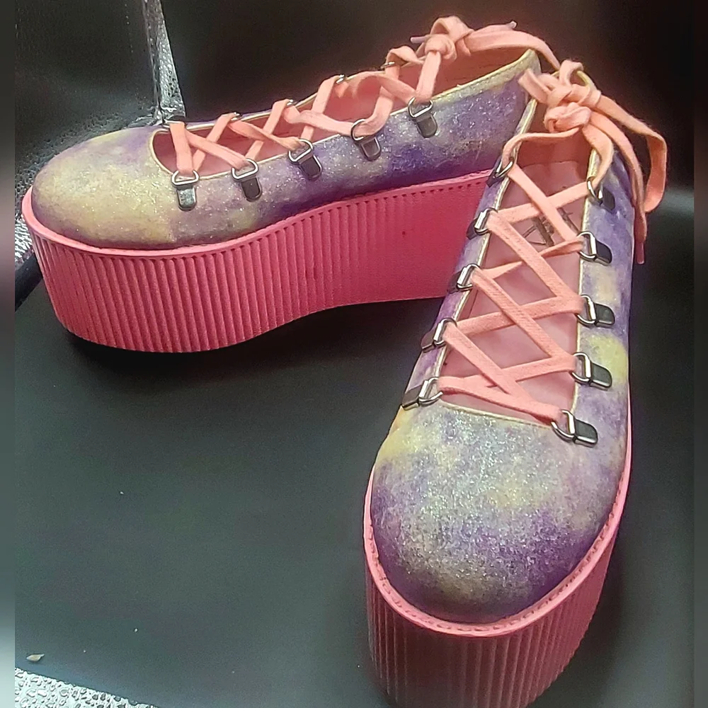 HTF Y.R.U Kaos Pink & Purple Galaxy  Ballet Platforms Size 8 (Lightly Used) - Picture 7 of 11